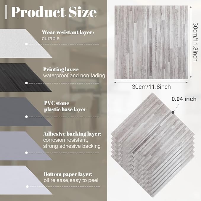 Spiareal 48 Pieces Peel and Stick Floor Tiles Vinyl Flooring 12 x 12 Inch Stick on Floor Tile Self Adhesive Waterproof DIY for Bathroom Kitchen Bedroom Living Room(Wood Grain)