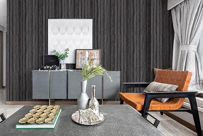WaveSpace Self-Adhesive PVC Slat Wall Panels, Peel and Stick Wood Panels 118"x15.75", Thick Faux Black Oak Wood Grain Wallpaper Panels 3D Soundproof Wall & Ceiling Panels Decorativos para Pared