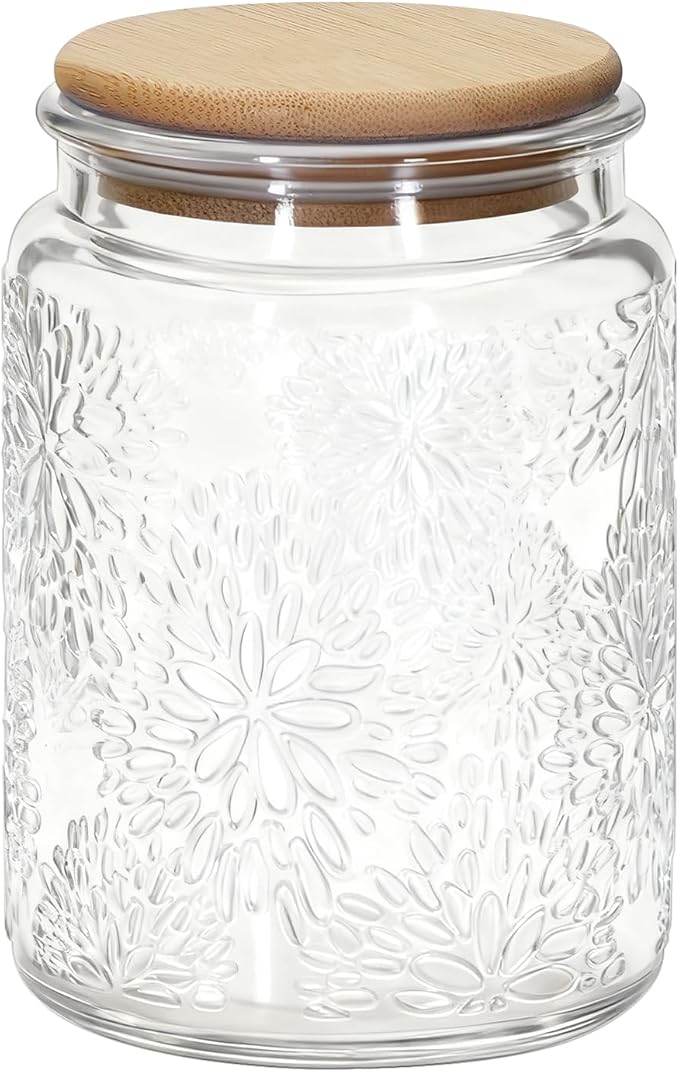 1Pc Snowflakes Style Vintage Glass Candy Jar with Airtight Bamboo Lid, Kitchen Storage Canister for Sugar, Coffee, Tea, Cookies, Bath Salt - Decorative Mason Jar for Pantry & Counter (1, Clear, 24oz)