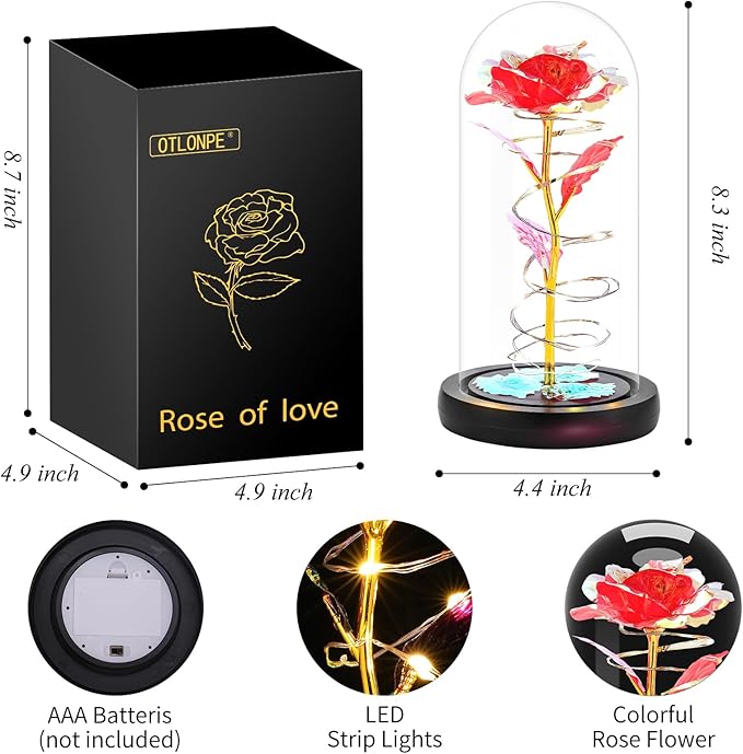 Otlonpe Preserved Forever Mothers Day Flower Gifts for Mom, Glass Light Up Rose Gifts for Women Grandma Girlfriend Wife Sister Her, Valentines Mothers Day Christmas Birthday Womens Gift (Red)