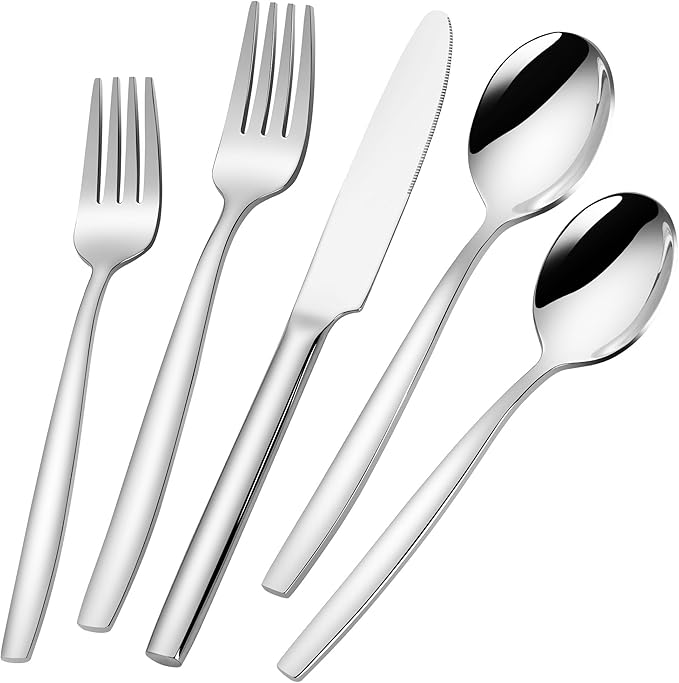 60-Piece Silverware Set for 12, 18/10 Stainless Steel Flatware Set, Silverware Korean Round Spoons Forks and Knives Set, Dishwasher Safe, Modern & Minimalist
