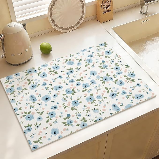 Ditsy Floral Dish Drying Mat for Kitchen Countertop Super Absorbent Coffee Bar Mat, Fast Dry Fit Under Espresso Machine (Ditsy Blooms,Blue)