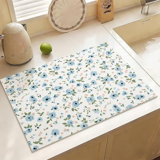 Ditsy Floral Dish Drying Mat for Kitchen Countertop Super Absorbent Coffee Bar Mat, Fast Dry Fit Under Espresso Machine (Ditsy Blooms,Blue)