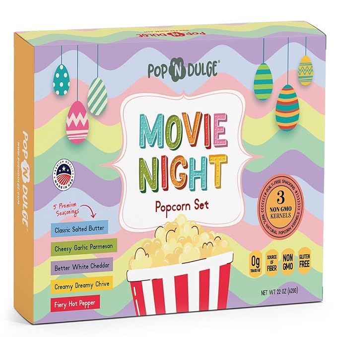 Easter Basket Stuffers Movie Night Popcorn Gift Set, Gourmet Popcorn Seasoning Variety Pack and Kernels, 3 Color Kernels and 5 Flavorings, Non-GMO, Gluten Free, Family Easter Gifts For Teens, Kids, Adults, 10 Pack