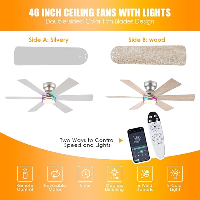 Asyko Silver RGB Ceiling Fan with Light and Remote/APP Control - 46" Flush Mount Low Profile Fan Light, 6 Speeds 3CCT and Reversible, Indoor Ceiling Fan for Bedroom, Party