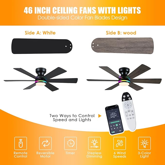 Asyko 46" Black RGB Ceiling Fans with Lights and Remote,Low Profile Ceiling Fans with Quiet Reversible DC Motor,Small Modern Flush Mount Ceiling Fan Light for Bedroom Kids Room