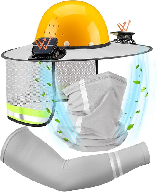 1 Set Sun Hard Hat Shade Full Brim Hard Hat Sun Visor with 2 Solar Fans and Neck Sunshade Cover UV Reflective Strap Arm Sleeves for Construction Workers Outdoor Protection(Light Grey)