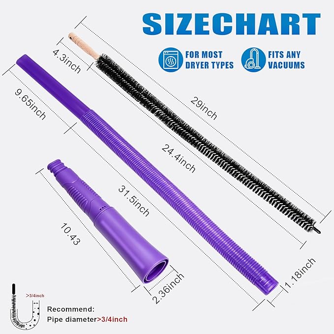 3 Pieces Dryer Vent Cleaner Kit: Vacuum Hose With Brush & Gloves Fits for Vacuums Cleaner, Refrigerator Condenser Coils, Tight Spaces Behind Appliances, Deep Cleaning Tools for Clogged Ducts- Purple