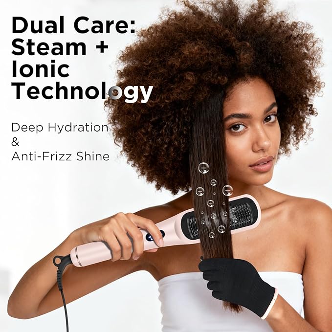 Prizm Pro Steam Hair Straightener Brush - Ionic Steam Straightening Brush for Curly Hair, Anti-Scald Ceramic Straightener Comb with LCD Display for Super Smooth, Frizz Free Hair, 4 Heat Settings, Pink