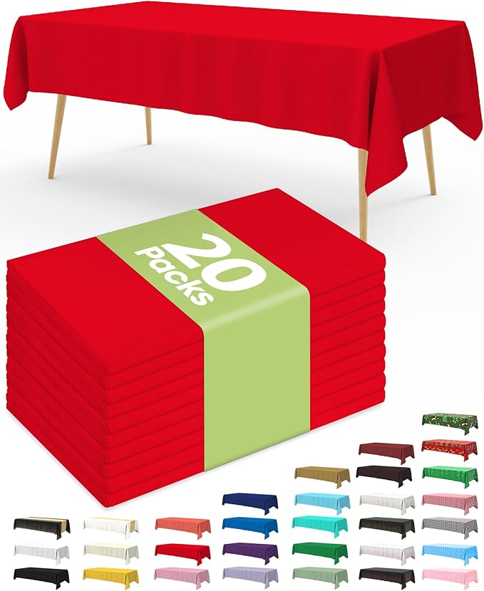 Pureegg Plastic Table Cloth Disposable 20 Pack, 54 x 108 Inch Table Cloths, Valentines Day, Thanksgiving, Christmas Decorations, Fall Tablecloths, Rectangle, Plastic Cover, Leakproof & Sturdy, Red