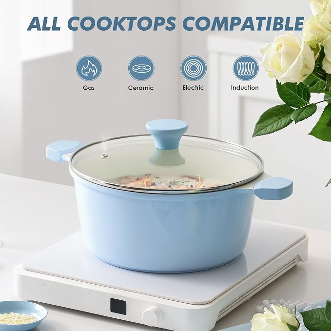 SENSARTE Ceramic Nonstick Stock Pot with Lid, Blue, 4.5QT | Healthy Nontoxic Ceramic Coating, PFAS & PTFE Free, Compatible with All Stoves Including Induction Cooktops, Dishwasher safe.