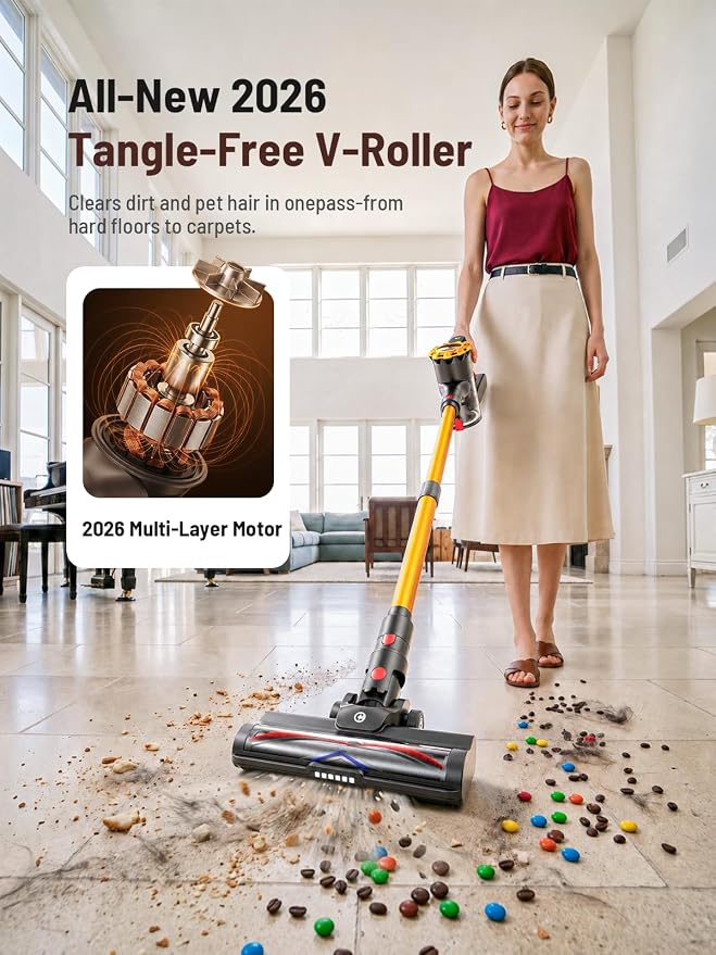 CHEBIO Cordless Vacuum Cleaner, 550W/45Kpa Vacuum Cleaners for Home with LED Display, Anti-Tangle&Wall Mount, 65Mins Wireless Vacuum, 8 in 1 Lightweight Stick Vacuum for Hard Floor/Carpet/Hair