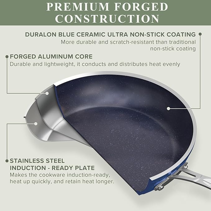 Nuwave Healthy Duralon Blue Ceramic Nonstick 12pc Cookware Set,Diamond Infused Scratch-Resistant,PFAS Free,Dishwasher & Oven Safe,Induction Ready & Evenly Heats, Tempered Glass Lids, Stay-Cool Handles