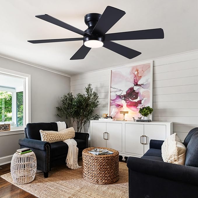Asyko 46" Low Profile Ceiling Fan with Light and Remote Control,Black Modern Flush Mount Ceiling Fan with Lights for Bedroom, Reversible, Dimmable, Noiseless