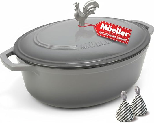 MUELLER HOME 5.5 Quart Enameled Cast Iron Oval Dutch Oven with Rooster Knob & Cotton Potholders, Heavy-Duty Cookware, Oven-Safe up to 500° F & Across All Cooktops, Gifts for Grandma & Women, Gray | Rooster Knob, Cotton Potholders Included, Oven-Safe up...
