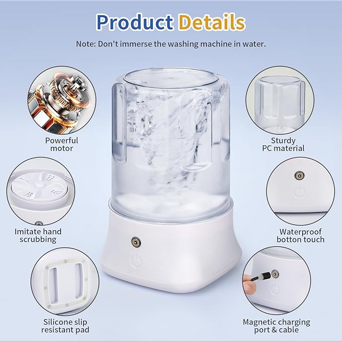 Mini Portable Washing Machine - USB Rechargeable 1L Small Washer with 2 Modes Deep Cleaning for Underwear, Socks & Baby Clothes, Compact Travel Laundry for Apartment, Dorm, Camping, White
