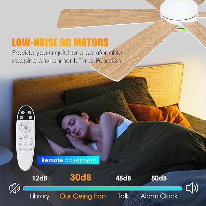 Asyko 46" White RGB Ceiling Fans with Lights and Remote,Low Profile Ceiling Fans with Quiet Reversible DC Motor,Small Modern Flush Mount Ceiling Fan Light for Bedroom Kids Room