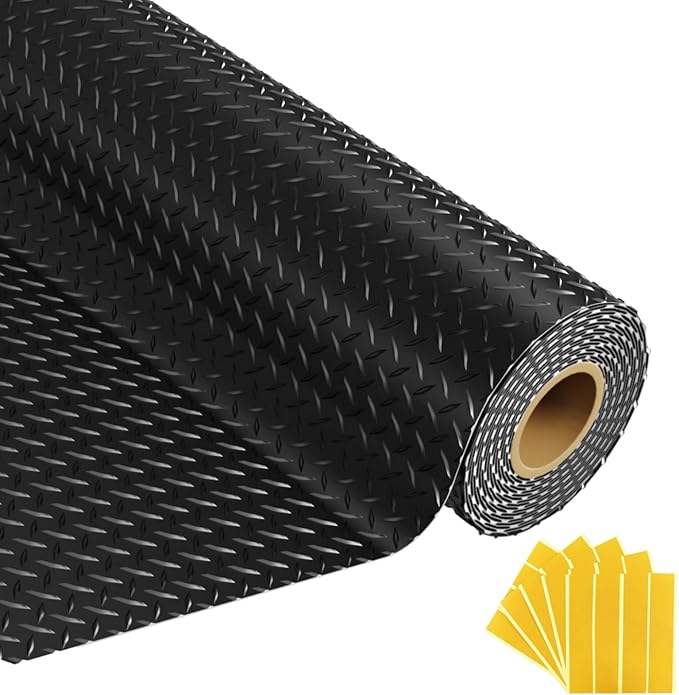 Grandroad auto 8x20 FT Garage Floor Mat, 2.8mm Thickened Flooring Roll for Under Car Diamond Plate PVC Rubber Mat with 20 Pcs Tapes, Non-Slip Floor Mat for Garage, Warehouse, Gyms, Trailer, Black