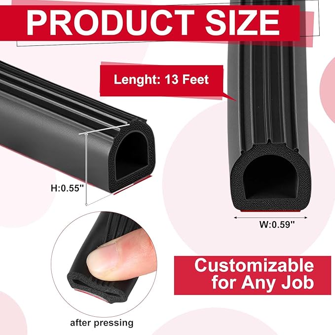 Pangda 13Ft D Shape Rubber Weather Stripping Foam Self-Adhesive EPDM Seal Strip for Noise Reduction Waterproof Dustproof for Cars Boats RVs Windows Doors (0.59" W x 0.55" H)