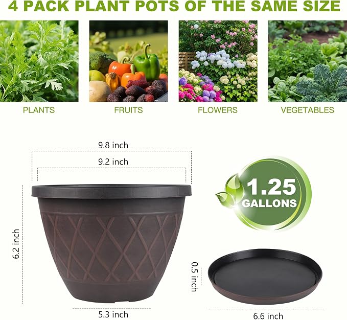 4 Pack 10 Inch Plant Pot, Planter Pots with Drainage Holes & Saucers, Modern Plaid Pattern Planters Garden Pots for Herbs, Decorative Plastic Flower Pots for Outdoor Indoor Home Plants (Brown)