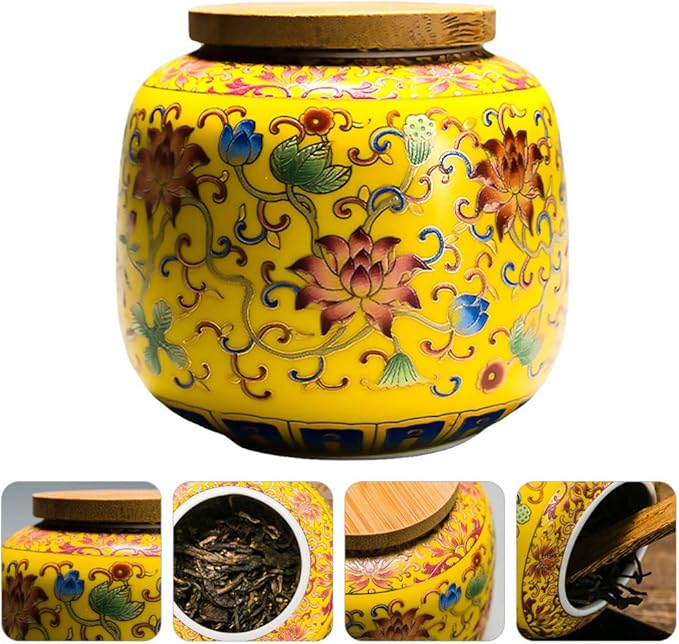 Cabilock Ceramic Tea Canister with Airtight Wood Lid Vintage Chinese Style Tea Storage Jars Traditional Tea Tins Cans Tea 230ML for Kitchen Spice Tea Coffee Condiment Yellow