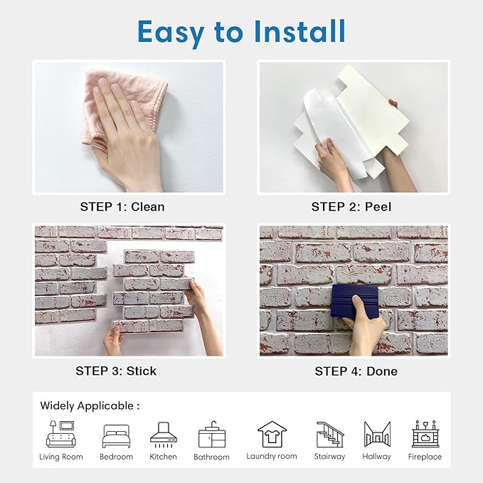 3D Whitewash Brick Wall Panel Peel and Stick,10 Pcs of 12"X12" Small Size Thin PVC Fake Brick Self Adhesive Brick Backsplash Faux Brick Paneling for Interior Wall Decor