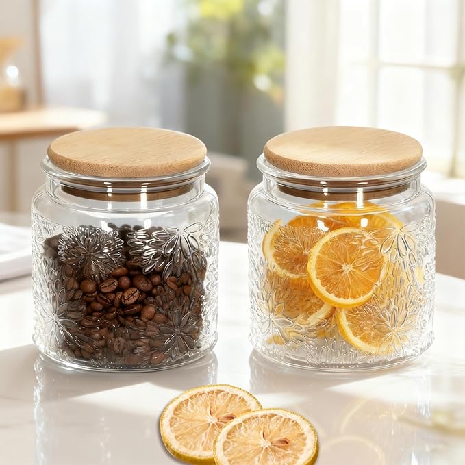 1Pc Snowflakes Style Vintage Glass Candy Jar with Airtight Bamboo Lid, Kitchen Storage Canister for Sugar, Coffee, Tea, Cookies, Bath Salt - Decorative Mason Jar for Pantry & Counter (1, Clear, 17oz)