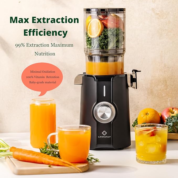 LINKChef Cold Press Juicer Machines, 4.53" Diameter juicers Whole Fruit and Vegetable, 200W Masticating Slow Juicer with Automatic Cutting, BPA-Free, Easy Cleanup & Assembly, Lightweight, Black