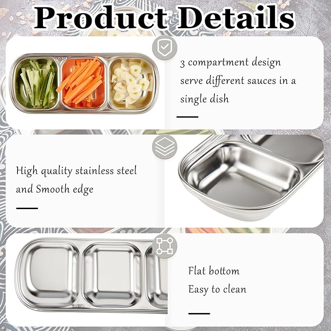 Maxcheck 6 Pcs Soy Sauce Dish Stainless Steel Divided Dip Bowls Korean 3 Compartment Sauce Plate Seasoning Dipping Condiment Tray for BBQ Vinegar Spice Salt Sugar Flavor Home Restaurant (Silver)