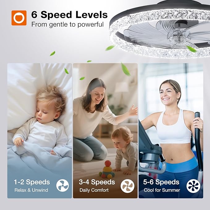 addlon Ceiling Fans with Lights and Remote, 20'' Low Profile Flush Mount Ceiling Fan, 3000–6000K Dimmable LED Fandelier, Bladeless Crystal Fan Light for Bedroom, Kitchen, Living Room, Black