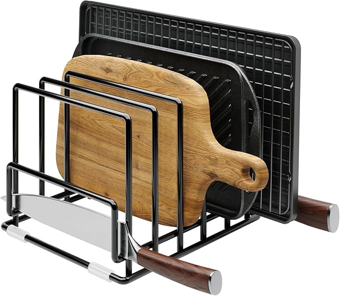 Cutting Board Organizer Rack with 7 Compartments, Heavy-Duty Iron Pan and Baking Sheet Organizer, Kitchen Cabinet Storage Rack with Non-Slip Base, Space-Saving Pot Lid Holder for Countertop & Pantry