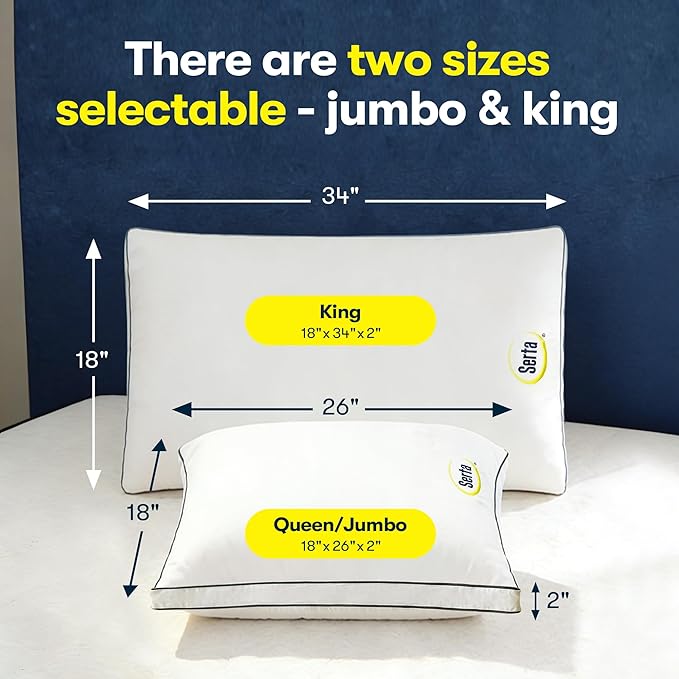 Serta Hotel Collection Bed Pillows King Size Set of 2, 400 Thread Count 100% Cotton Cover, Medium Support Gusseted Down Alternative Pillow for Back, Stomach or Side Sleepers, 18" x 34", White
