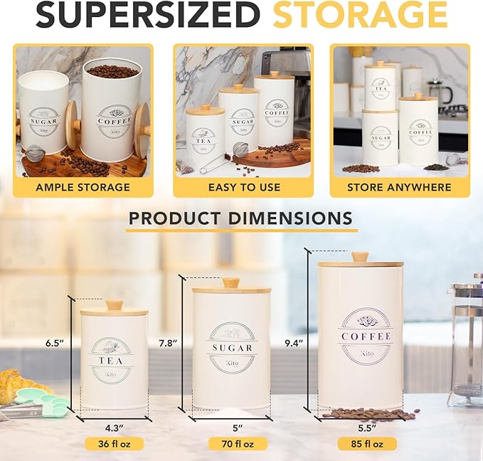 Kito LIVING Canisters Sets for Kitchen Counter Storage and Organization with Wooden Bamboo Lids, Food Pantry Containers, Stackable Steel Storage Bins, Airtight Sugar Tea Coffee Canisters - Cream