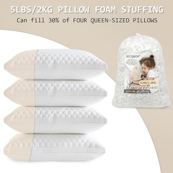 5lbs Shredded Memory Foam Filling with Premium Polyester Fiber Fill for Bean Bag Filler, Pillow Stuffing, Dog Bed, Soft Refill Refluff Foam Filler for Cushions, Pillows, Arts Crafts, Stuffed Animals