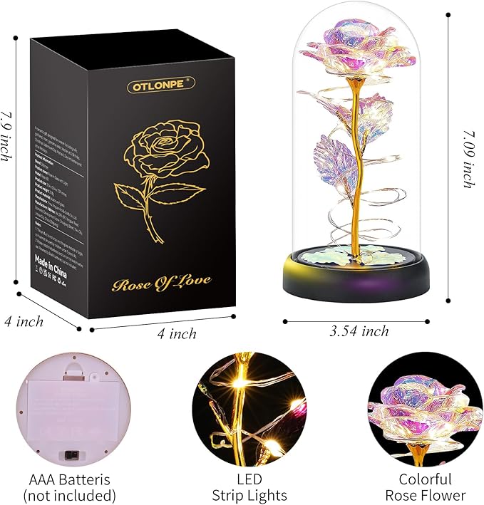 Otlonpe Mothers Day Flowers Gifts for Mom from Daughter Son, Preserved Forever Glass Light Up Rose Gifts for Grandma Wife Women Girlfriend Sister, Gift for Teacher Appreciation Graduation (Colorful)