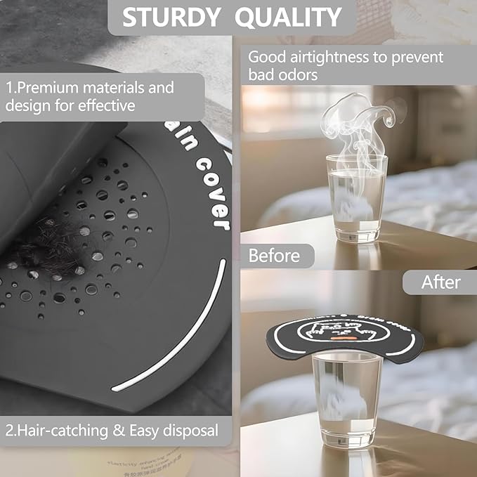 2-in-1 Shower Drain Hair Catcher & Bathtub Drain Cover, Odor-Proof Silicone Hair Stopper for Bathroom, Tub, Sink, Kitchen, Laundry - Prevents Clogs and Unpleasant Smells (1, Grey)
