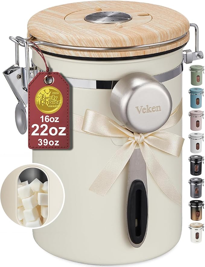 Veken Coffee Sugar Canister with Window, Mothers Day Gifts For Women,Airtight Stainless Steel Kitchen Food Storage Container, Date Tracker & Scoop for Grounds Coffee, Beans,Tea,Flour,Cereal,22OZ,Cream