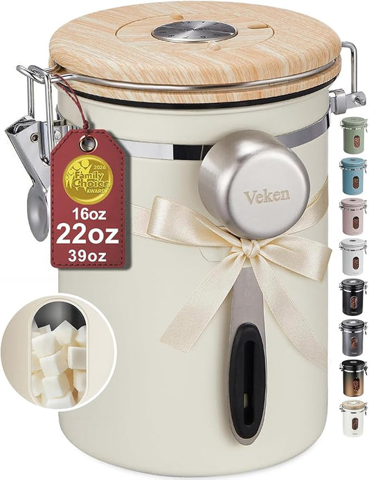 Veken Coffee Sugar Canister with Window, Mothers Day Gifts For Women,Airtight Stainless Steel Kitchen Food Storage Container, Date Tracker & Scoop for Grounds Coffee, Beans,Tea,Flour,Cereal,22OZ,Cream