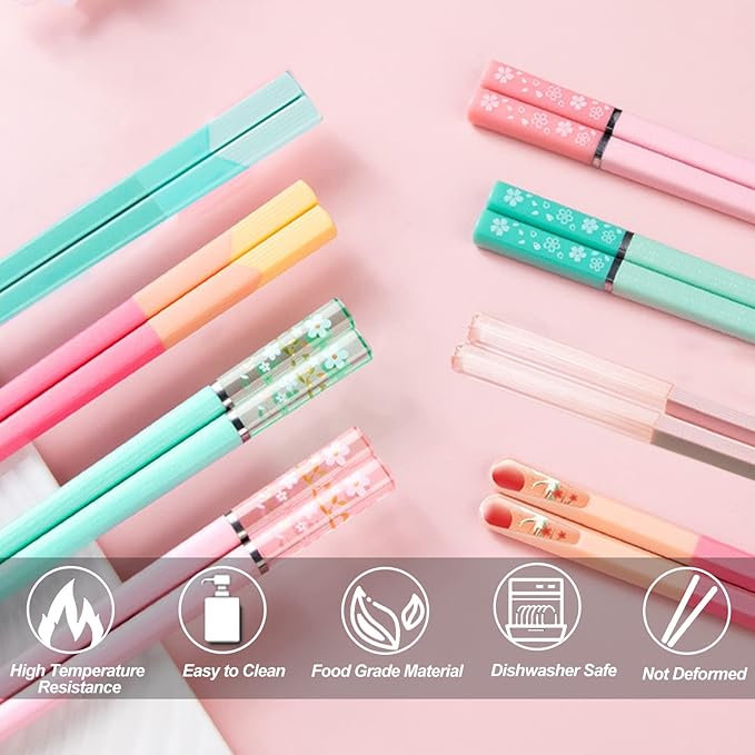 Chopsticks Reusable Dishwasher Safe, 9.57 inches Premium Non-slip Fiberglass Chop Sticks, Japanese Chinese Korean Chopstick for Party, Green, 5 Pairs
