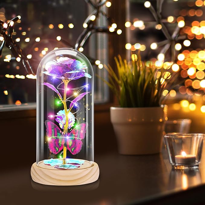 Otlonpe Preserved Forever Mothers Day Flower Gifts for Mom, Glass Rose Wood Base Colorful Light Butterfly Gifts for Women Grandma Girlfriend Wife Her, Valentines Mothers Day Christmas Birthday