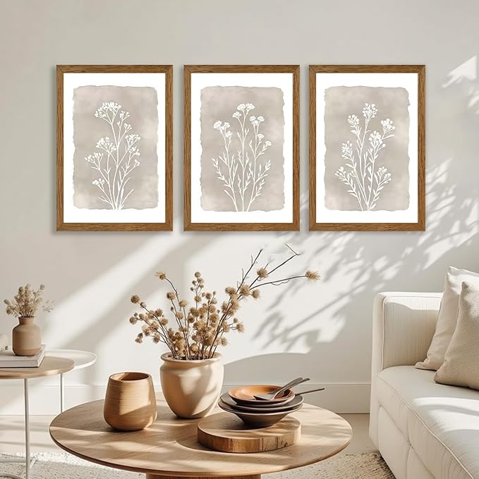 JLTULT 3 Piece Boho Beige Floral Wall Art, Minimalist Line Botanical Flower Wall Decor, Vintage Rustic Wildflower Art Prints for Living Room Bedroom Office Farmhouse Decoration 20x30 in Ready to Hang