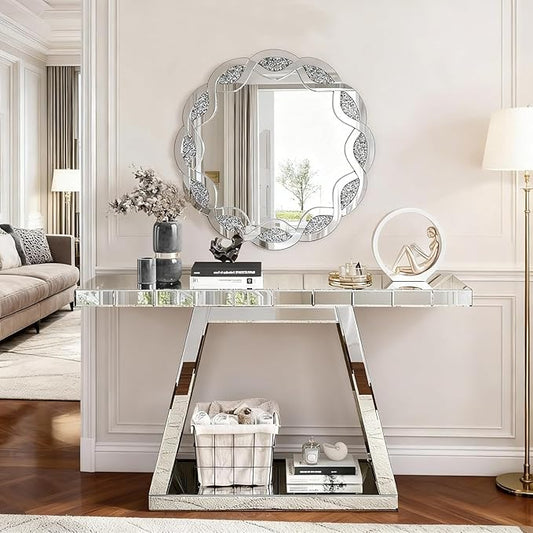 SSLine 2-Piece Set Mirrored Console Table with Wall Mirror, 55" Modern Mirror Entryway Table with Trapezoid-Shape Base, Round Crush Diamond Decor Mirror for Entryway Hallway