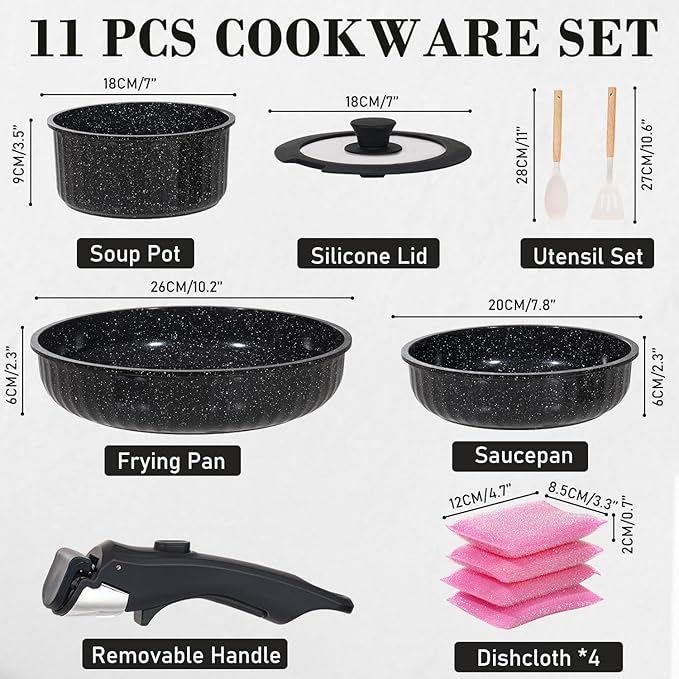 Vivicreate 11 Piece Pots and Pans Set Nonstick with Removable Handle, Induction Cookware, Stackable Kitchen Set for RV Camping Apartment, Frying Pan and Saucepan (Black)