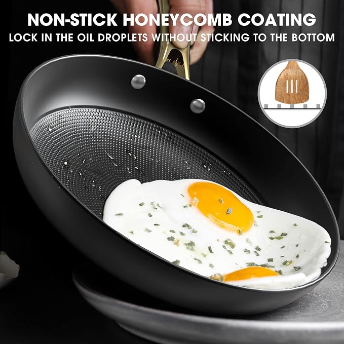 imarku Non Stick Frying Pans, 8 Inch & 10 Inch Cast Iron Skillets | Honeycomb Nonstick Frying Pan Set, Long-Lasting & Oven-Safe, 2 Pcs Skillets with Gold Handles, New Home Essentials