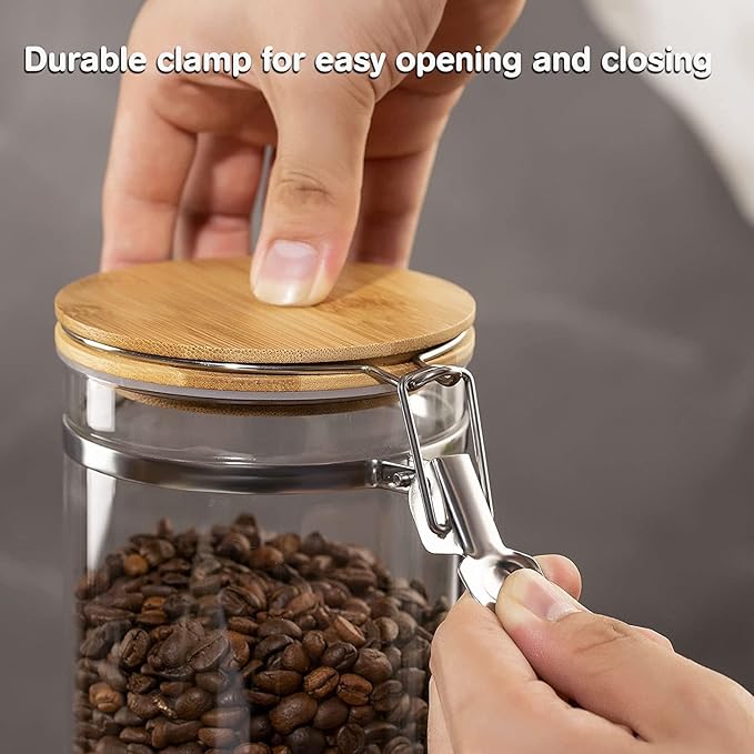 Yangbaga Glass Coffee Sugar Containers with Shelf, 3 x 45 OZ Coffee Bean Storage Station Organizer with Airtight Locking Clamp and Coffee Bamboo Scoop, Large Capacity Food Storage Jar for Kitchen