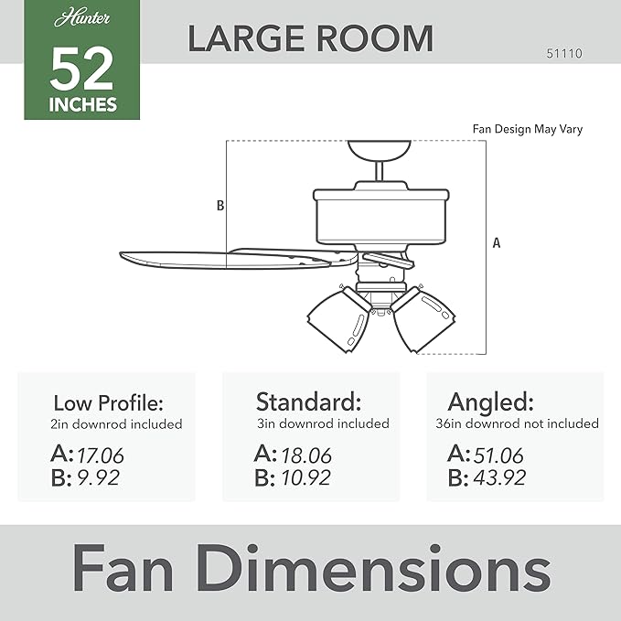 Hunter 52 inch Indoor Ceiling Fan with LED Lights - Ceiling Fan with Pull Chain, For Bedroom or Living Room, Standard Mount, No Remote, 5 Blades, Includes Bulbs - Builder Plus 51110, Matte Silver