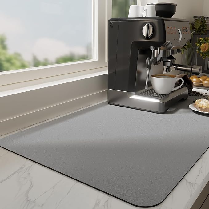 Ecotrim Absorbent Coffee Mat , Stain Hiding PU Leather Surface, Non-Slip Natural Rubber Backing, Quick Dry Mat for Espresso Machine, Kitchen Counter ,Grey | 12" x 19"
