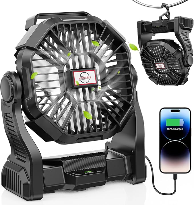 DOWILLDO 15000mAh Portable Battery Powered Camping Fan - with LED Light, Quiet Battery Operated, Camping Gear for Travel, Tent, Beach, Car or Hurricane Power Outages，Black