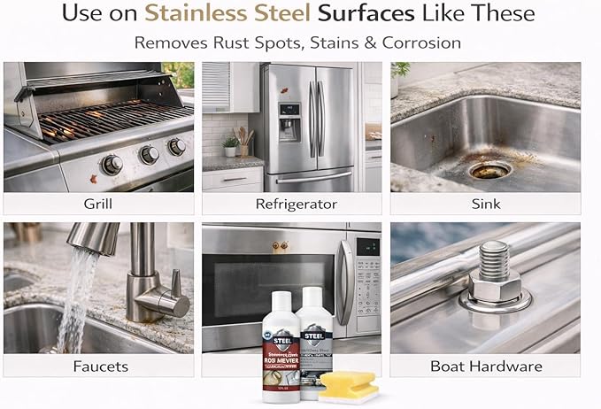 CLEAN MY STEEL Stainless Steel Rust Remover and Protector Kit, NSF Certified, 8.5 oz, Includes B570 Rust Remover, B580 Cleaner and Protector, Sponge and Gloves