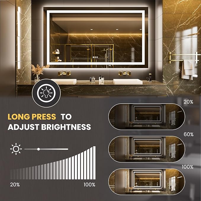 LOAAO 68"X40" LED Bathroom Mirror with Lights, Anti-Fog, Dimmable, Backlit + Front Lit, Lighted Bathroom Vanity Mirror for Wall, Memory Function, Tempered Glass, Safe to Use, ETL Listed